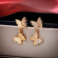 new cute 3 colors available butterfly stud earrings for women shine white tiny cz stone inlay fashion jewelry party gift earring