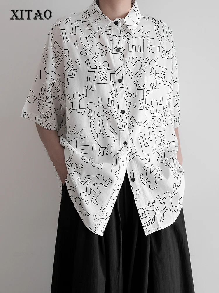

XITAO Casual Women Shirt Loose Fashion Contrast Color Cartoon Print Top Simplicity Turn-down Collar Summer New All-match ZY7148