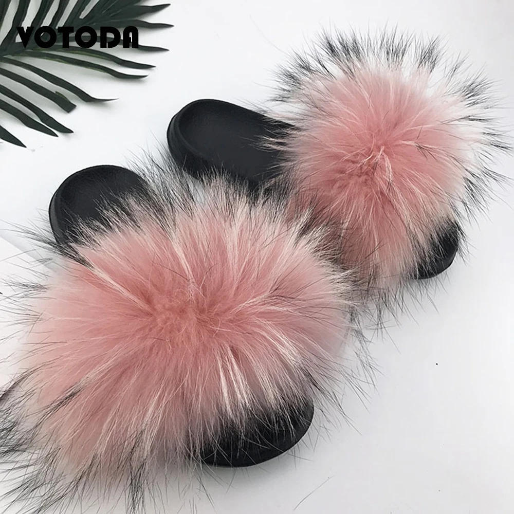 New Fur Slippers Women Fluffy Real Fox Fur Slides Fuzzy Raccoon Hair Flip Flops Comfortable Indoor Sandals Summer Woman Fur Shoe