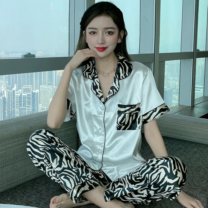 Zebra Elegant Slik Pajamas for Women Summer Short Sleeve Top and Trouser Suits Stain Home Suit Sleepwear Sets Womens Outfits
