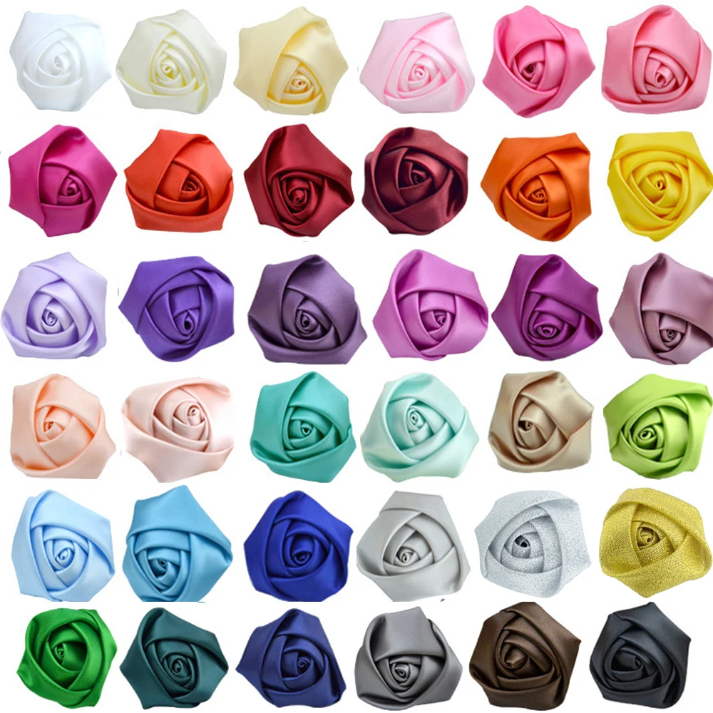 

100Pcs/Lot 36 colors 1.5" 2.0" Wholesale Satin Rose,DIY Ribbon Flower Girls Rolled Rosette Hair Accessories For Baby Hair Clips