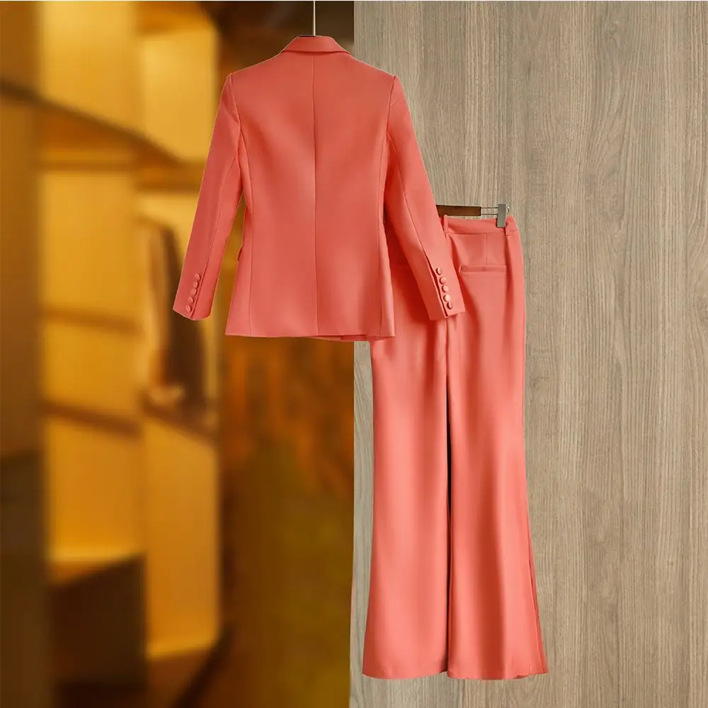 HIGH STREET Runway Women Suit Orange Peaked Lapel Luxury Double-Breasted Blazer Wide Leg Trousers  Office Lady Fashion 2 Piece