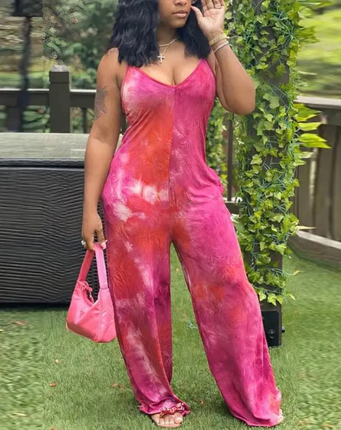 

2022 Fashion Tie Dye Print Spaghetti Strap Jumpsuit Fashion Female Loose Rompers Womens Sexy Jumpsuit Summer Woman