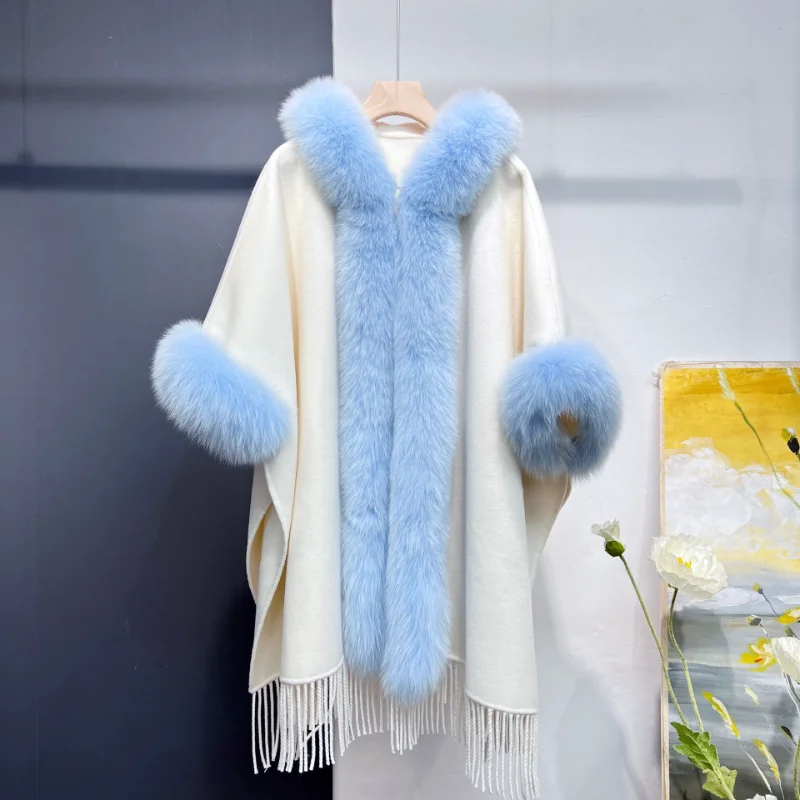 

Autumn and Winter 2022 New Wool Cloak Big Cape Bottom Fringe Hooded Real Fox Fur Loose Coat