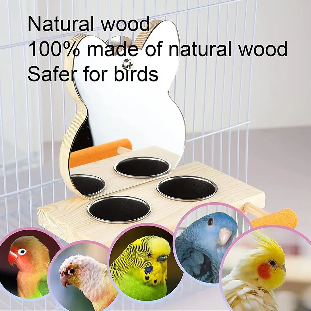 

Parrots Mirror With Feeder Cups Bowl Wooden Birds Interactive Self-happy Toy Puzzle Toy