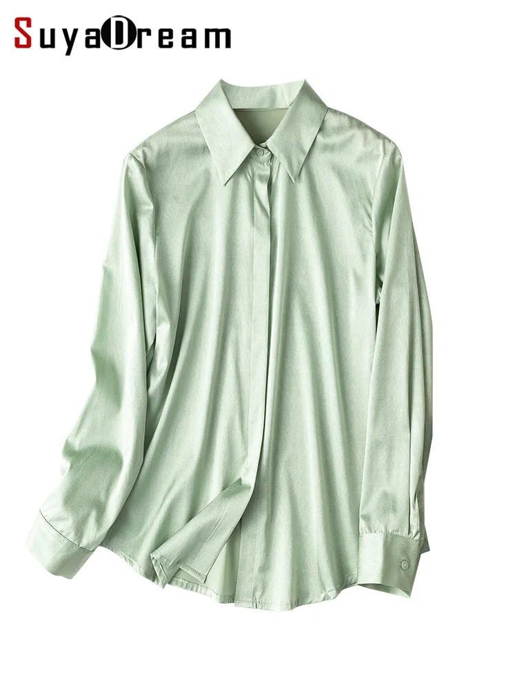 SuyaDream Women Silk Shirts 92%Silk 8%Spandex Turn Down Collar Herringbone Blouse Shirt 2022 Autumn Office Chic Top