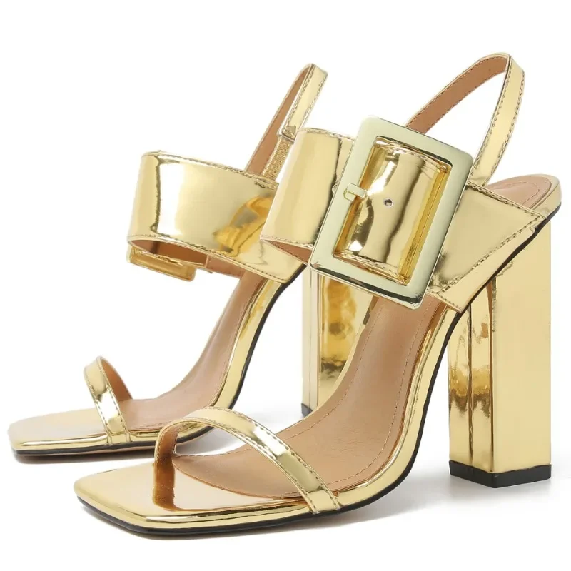 

Women Sandals Sexy Party Dress Fashion Elastic Band Patent Leather 13CM Square Heel Novelty Dress Shoes Pumps Women Shoes Golden
