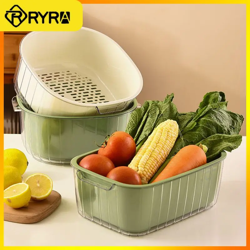 

Plastic Pet Basket Binaural Handle Draining Basket Double-layer Transparent Fruit Basket. Home Storage Square Kitchen Supplies