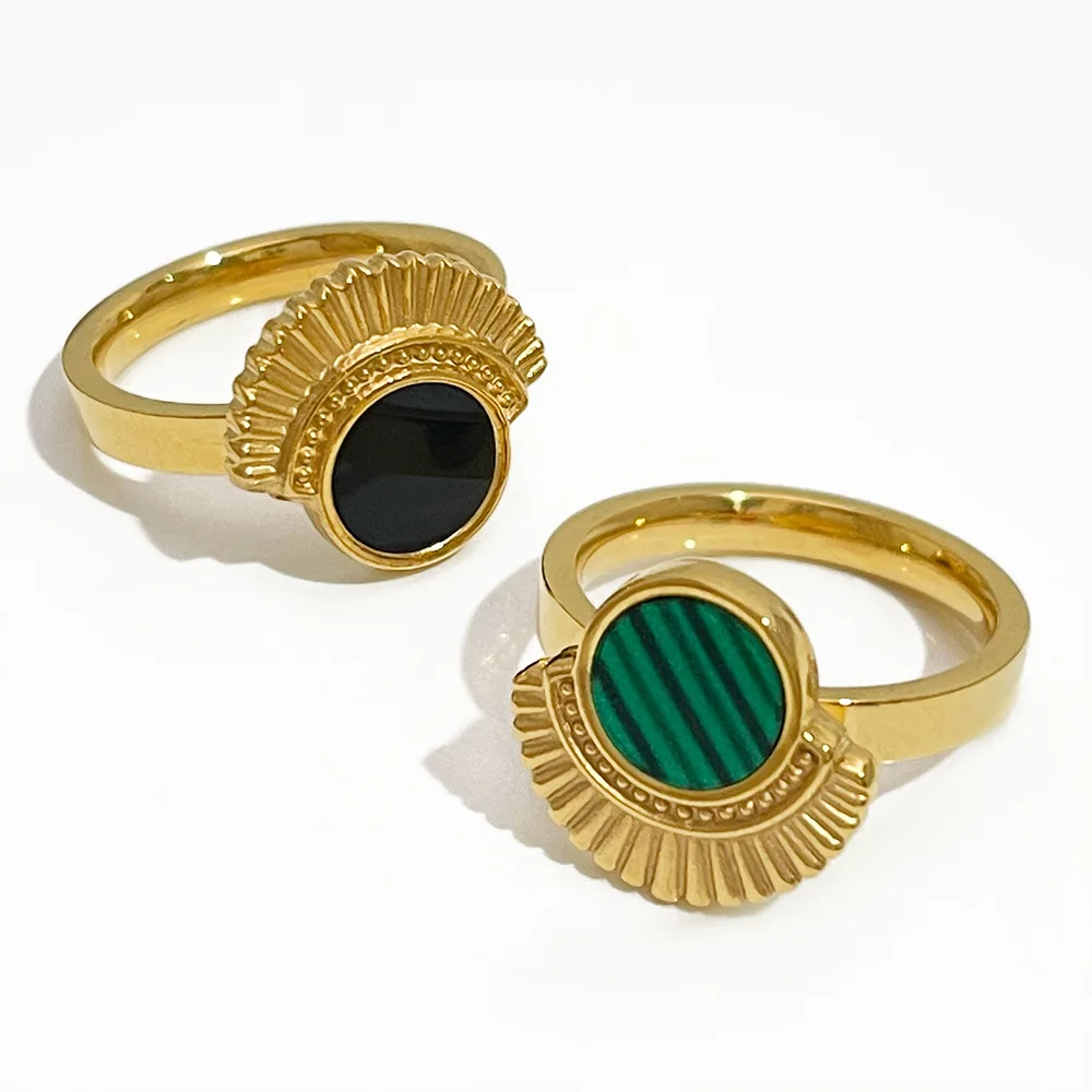 

Minar Dainty Green Black Color Shell Malachite Ring Women Stainless Steel Gold Tone Sunburst Natural Stone Rings Accessories