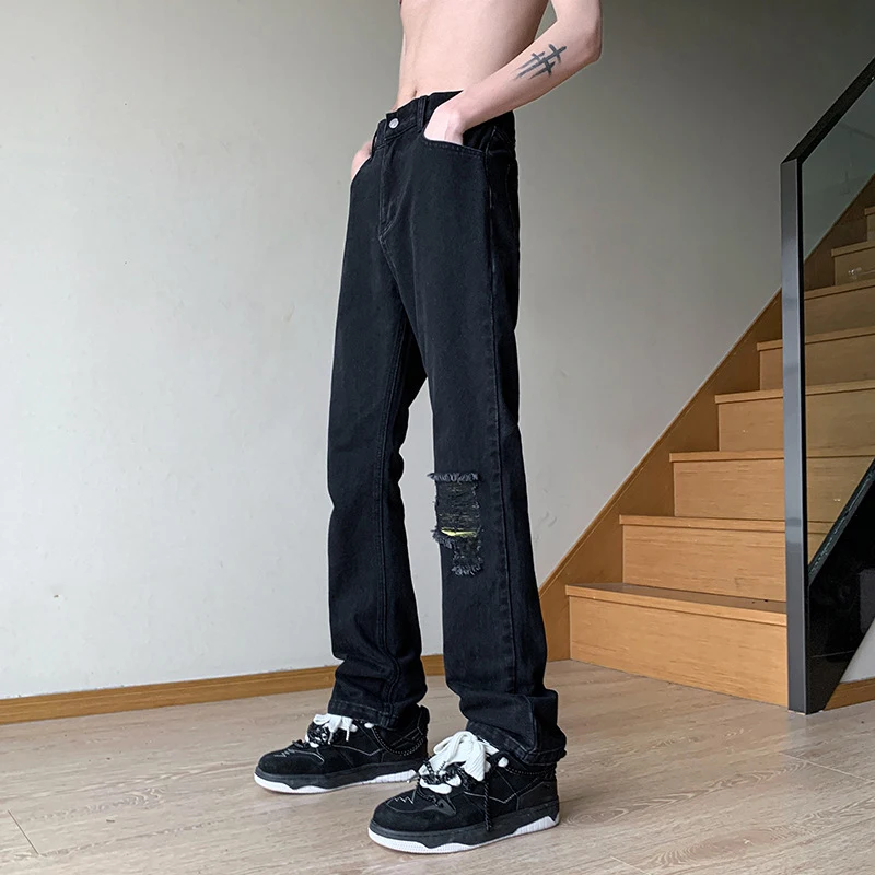 DEEPTOWN Ripped Straight Jeans for Men Loose Hip Hop Hole Denim Pants Male Casual Trousers Streetwear Punk Korean Style Spring