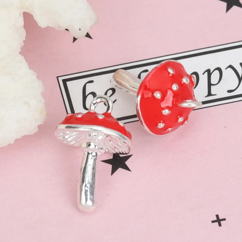 

3D Mushroom Pendants Zinc Based Alloy Charms Silver Color Red Enamel For Women DIY Making Necklace Jewelry 17mm x 11mm, 5 PCs