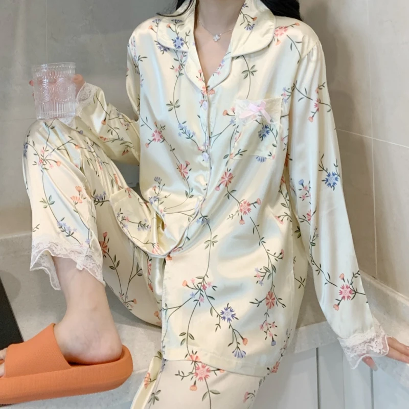 

2023 autumn new pajamas women's ice silk long-sleeved thin section high-end home service can be worn outside summer suit