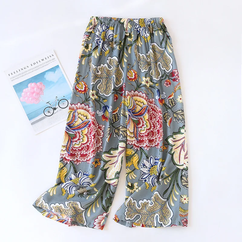 

Summer new women's 100% viscose pajama pants cropped pants thin loose wide leg pants home pants pajama plus size cute shorts