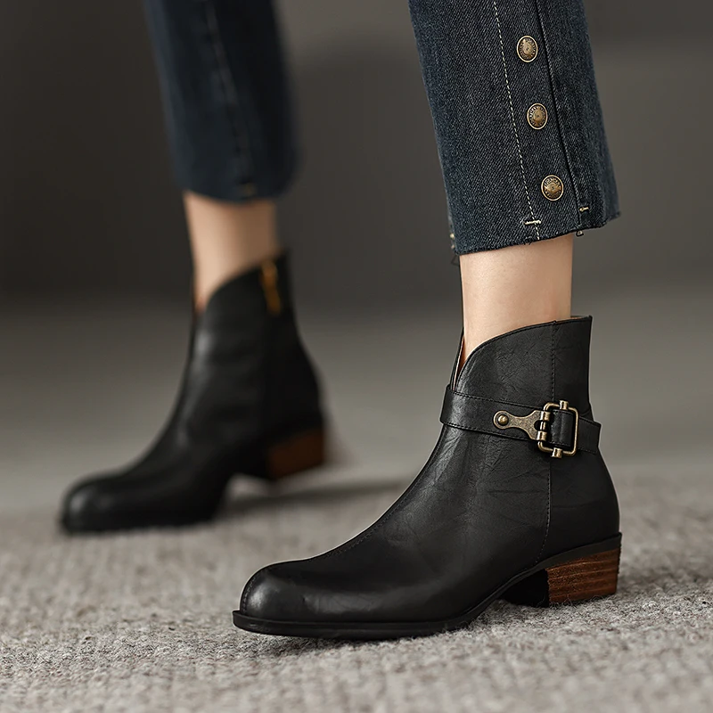 

2022 Fall Shoes Winter Women Boots Ankle Boots Women Shoes Med Heel Short Boots Chelsea Boots Retro Heels Genuine Leather