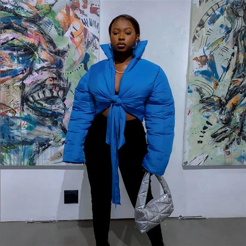 Autumn and Winter New Women's Standing Collar Solid Color Cardigan Laced Short Sections of Cotton Clothing Windproof Warm Jacket