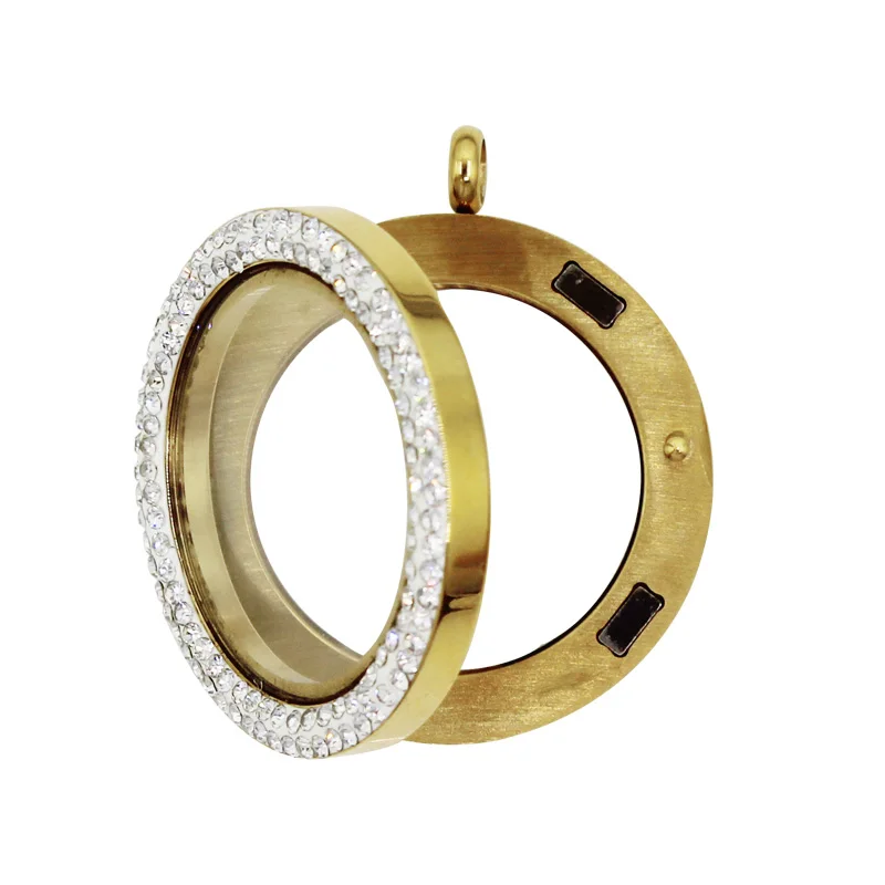 

34mm Stainless Steel Gold Glass Lockets Necklace Pendant Round Magnetic Crystals Floating Memory Locket