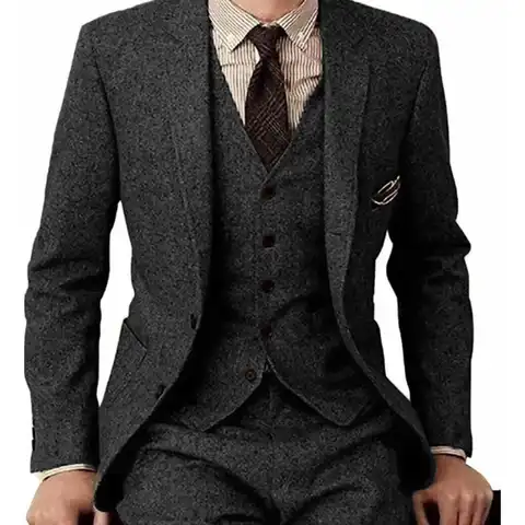 Мужской твидовый костюм-тройка с вырезом на лацкане, повседневный деловой костюм для свадьбы, работы (Блейзер + жилет + брюки)