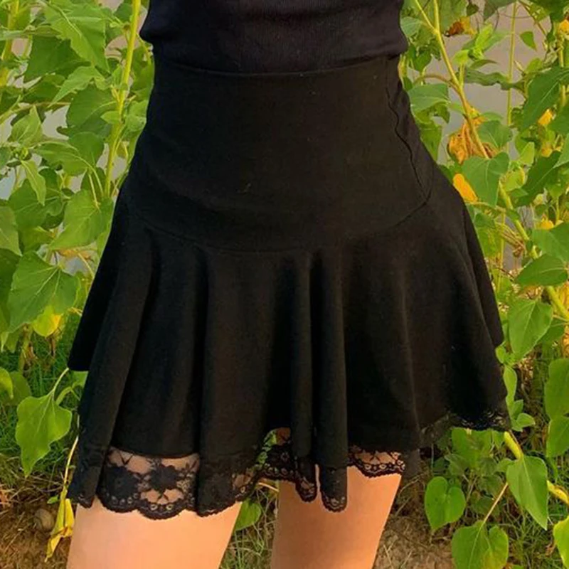 

Black Goth Pleated Skirt Woman Punk Style Dark Academia Aesthetic Vintage Mini Skirts Lace Edge High Waist Saias skirts womens