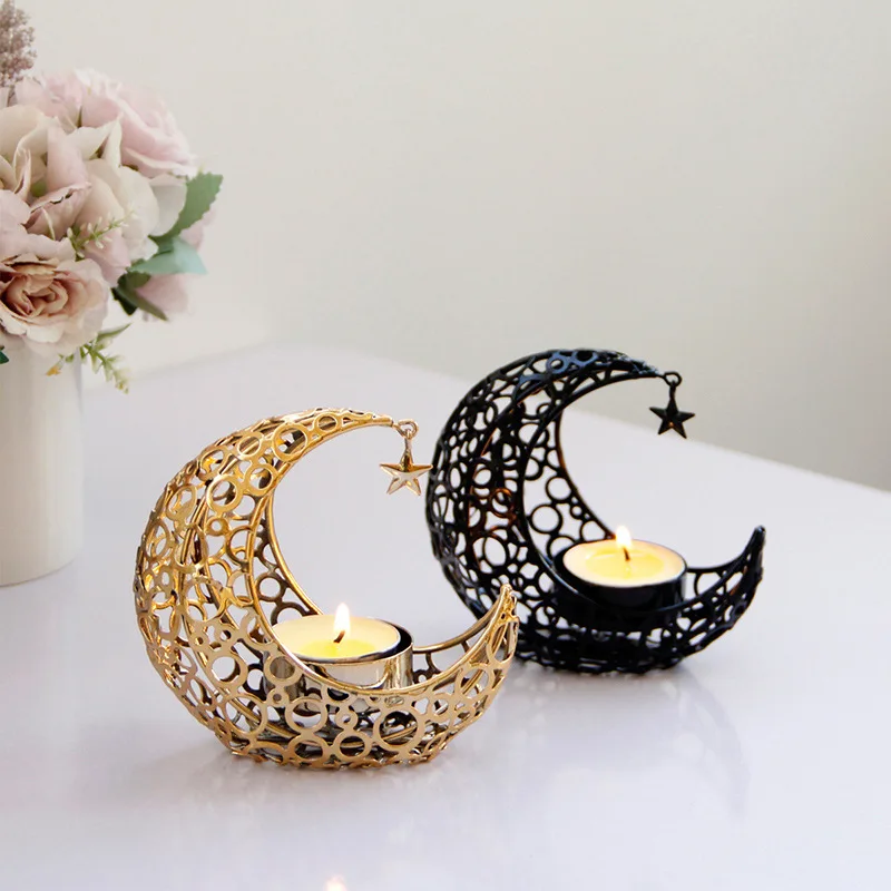 

10.5CM light luxury crescent moon star moon black gold metal candle holder modern romantic wedding wedding Christmas candle cup