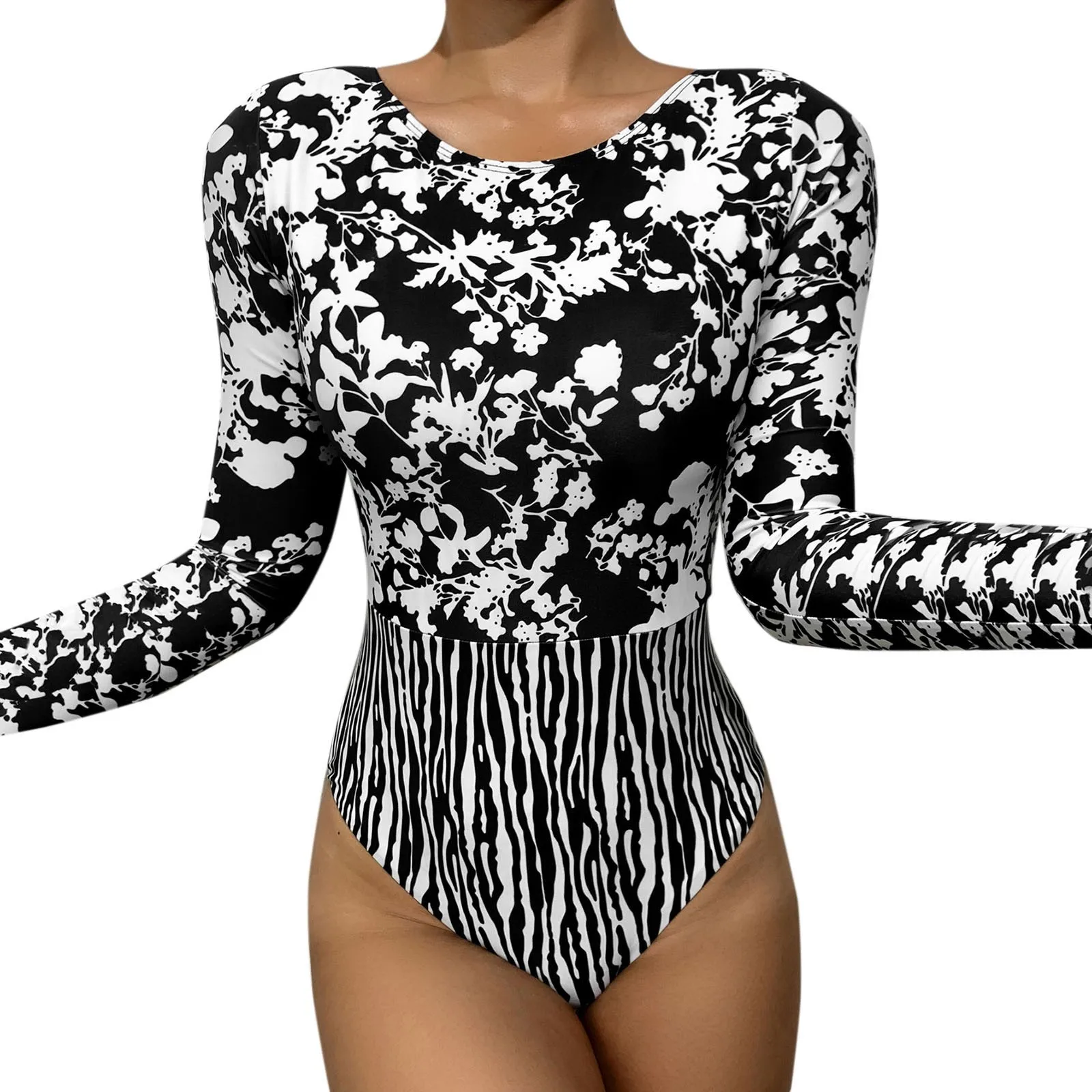 

Long-Sleeved Swimsuit Print One-Piece Floral Striped Sexy Women Swimwears Tankinis Set