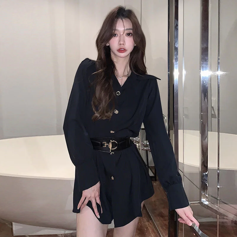 

Button Lantern Sleeve Ruched Waistband Gothic Student Korean Sprimg Slim Hepburn Hot Elegance Tide Woman Shirt Dress