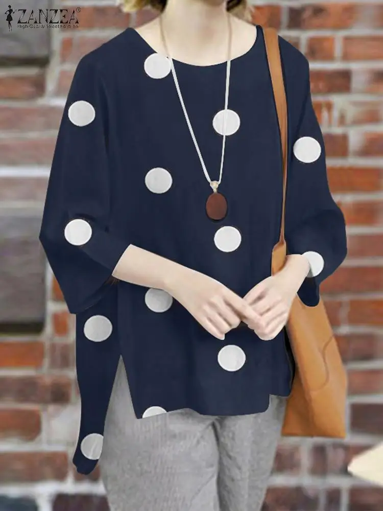

ZANZEA Autumn Women Blouse Causal 3/4 Sleeve O-Neck Blusas Fashion Polka Dots Printed Shirts Holiday Tops Chic Split Blouses