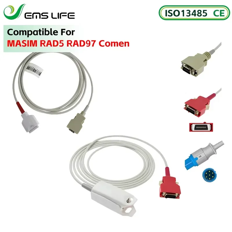 Фото Кабель-адаптер EMSLIFE для датчика сатурации (SpO2), совместимый с MASIM RAD5, RAD97, Comen №1