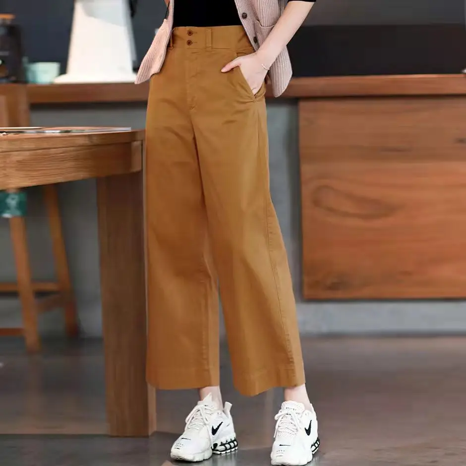 

Cotton Nine Point Wide Leg Pants For Women's 2023 Summer New Korean High Waisted Loose Fitting Straight Tube Harun Casual Pants