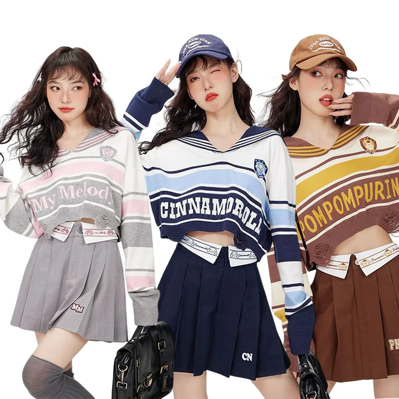 

Kawaii Sanrio My Melody Cinnamoroll Pom Purin JK свитер куртка трапециевидная юбка комплект Милая красота весна осень модная одежда