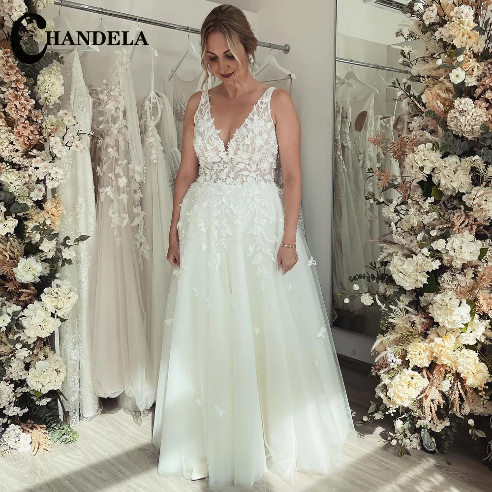 

CHANDELA Classic Wedding Dresses V-Neck Sleeveless A-Line Appliques Pleat Bridal Gown Suknia slubna Customised For Women