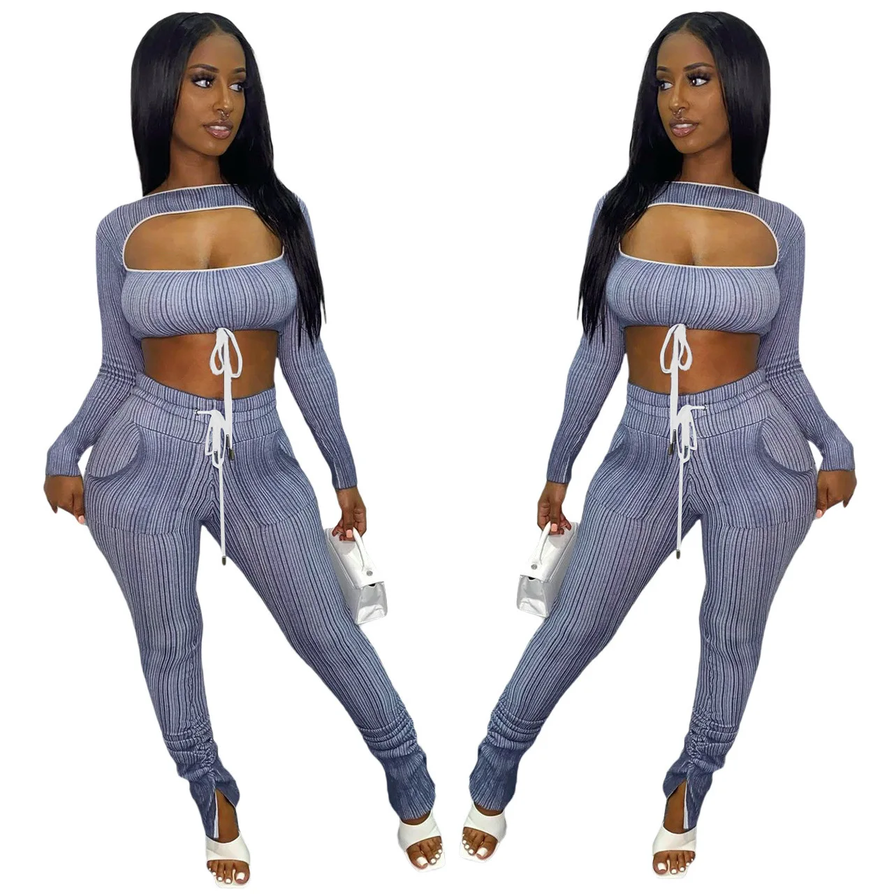 

Fashion 2023 Spring Two Piece Pant Sets Long Sleeve Sexy Hollow Out Crop Top Outfits Y2K Women Clothes 2 Piece Streetwear Suits