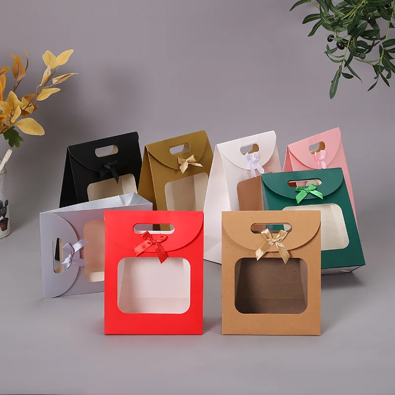 

6pcs/pack Open Window Bow Flap Solid Color Tote Bag Kraft Paper Gift Box Sealed Gift Bag Party Party Cookies Candy Packaging Box