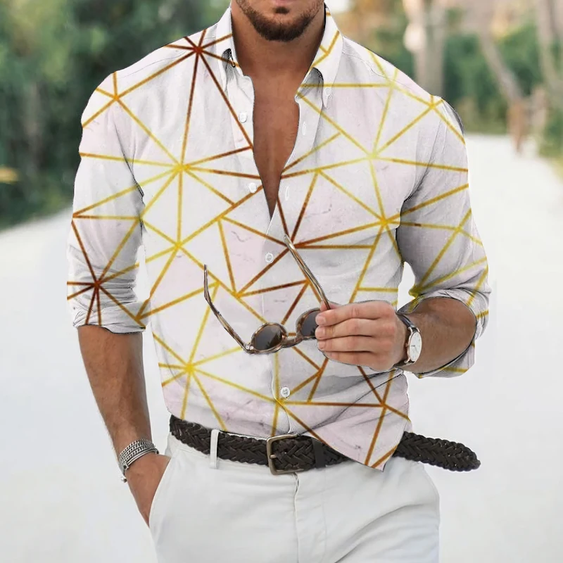 

Men's Fashion Trend Geometric 3D Printing Men's Slim Shirts Men's Spring Autumn Lapel Street Casual Long Sleeves