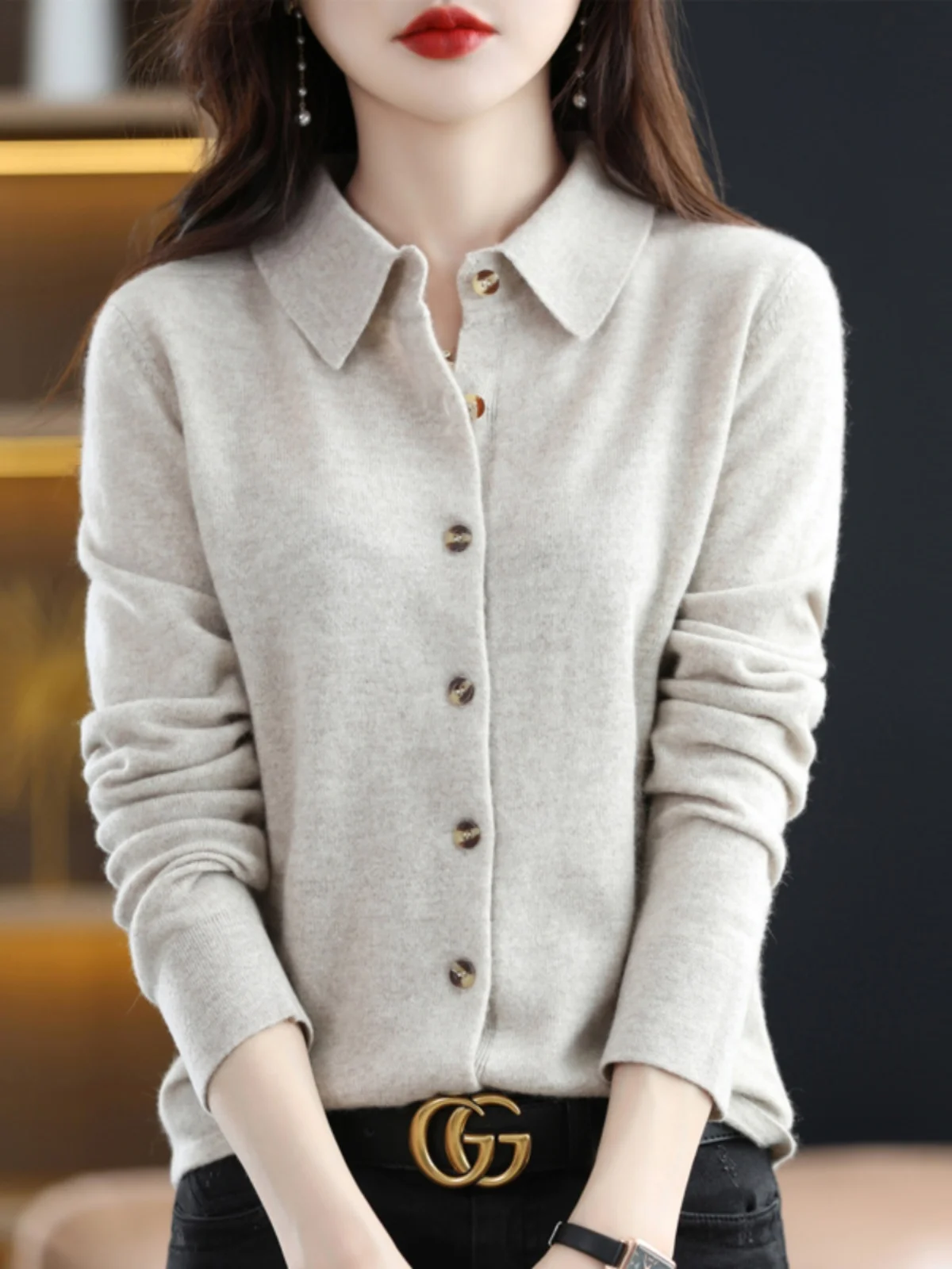 Spring Type 00 Cashmere Sweater Women Cardigan Blouse Collar Exquisite Polo Long sleeve Fleece Base Knit