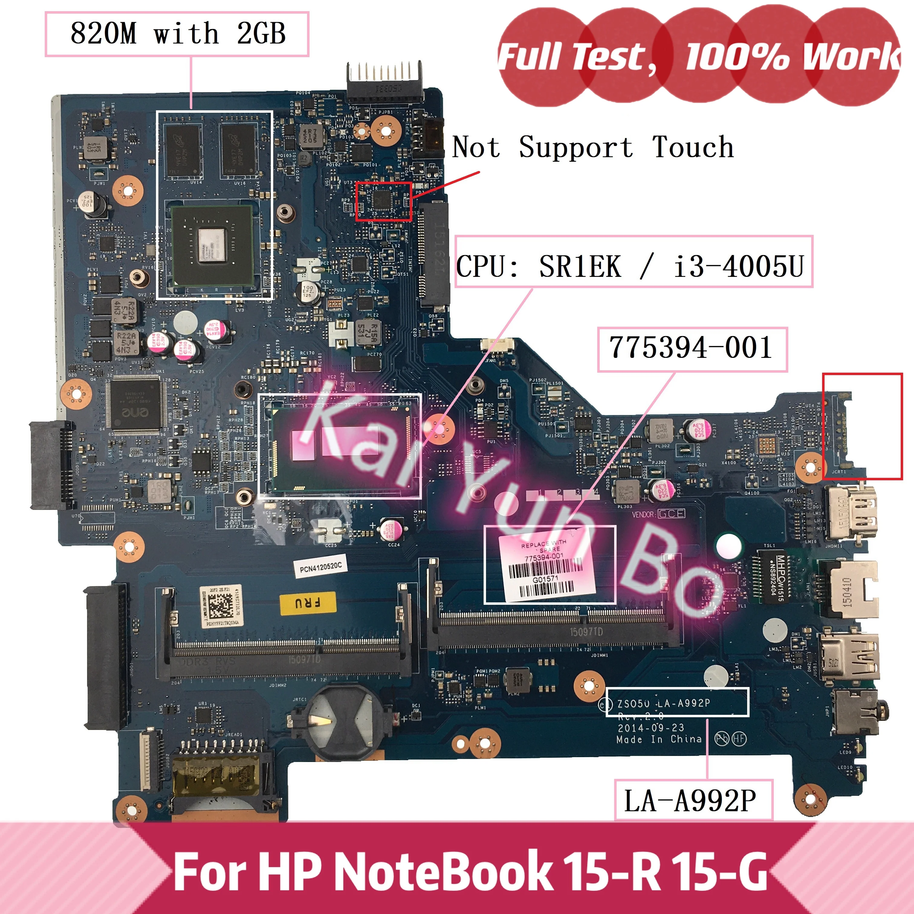 

Материнская плата для ноутбука HP 15-R 15-G 775394-001 601-775394 ZS050 LA-A992P с процессором i3-4005U 775394 M 2G DDR3 501