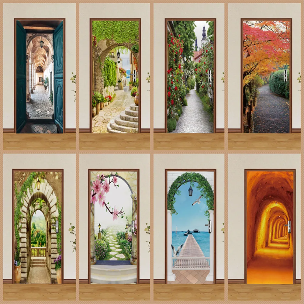 

Bathroom Garden Door Sticker Scenery Wallpaper 3D Self-Adhesive Vinyl Mural Kitchen Bedroom Home Decoration Doors Cover Posters