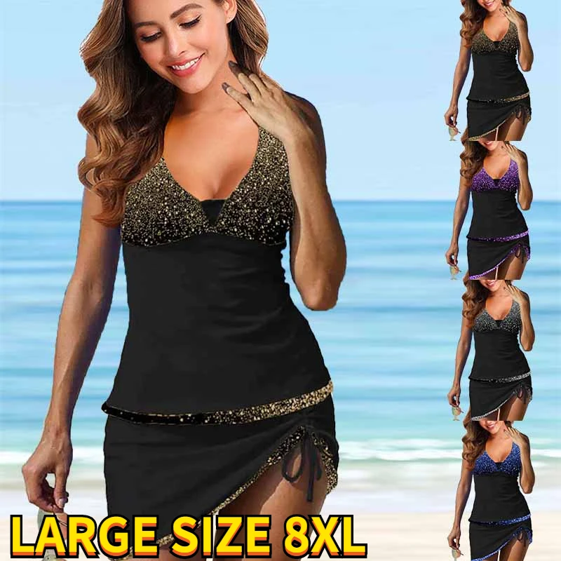 

Women 2023 Two Piece Swimsuits New Sexy V Neck Swimdress Bikinis Woman Fashion Gold Print Swimwear Tankini Set Bathsuit