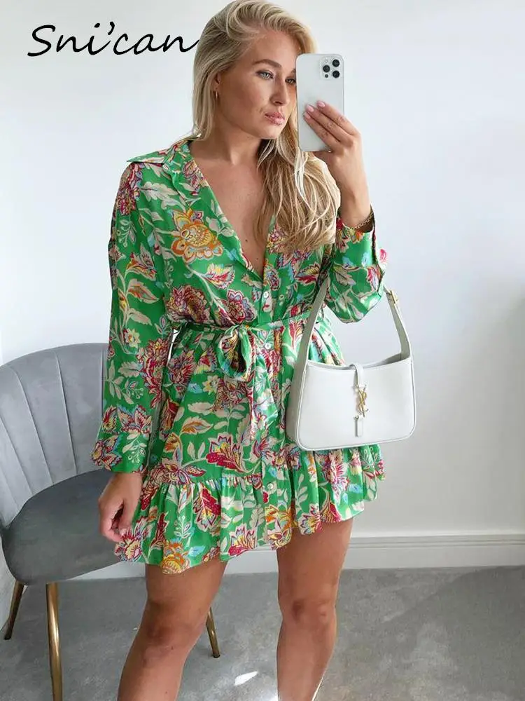 

Женское мини-платье с отложным воротником, зеленое платье-рубашка с цветочным принтом, длинным рукавом и поясом, модель 2022 на лето