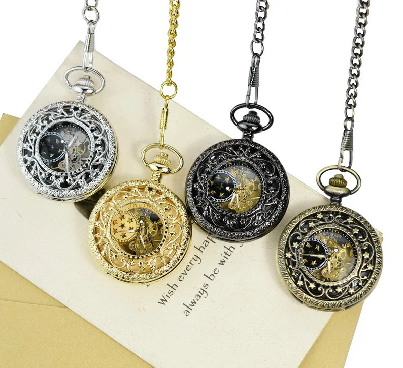 Luxury Vintage Mechanical Pocket Watch for Men Women hollow Dial Roman Hexagon Case Fob Chain Pendant Clock for Collection Gifts