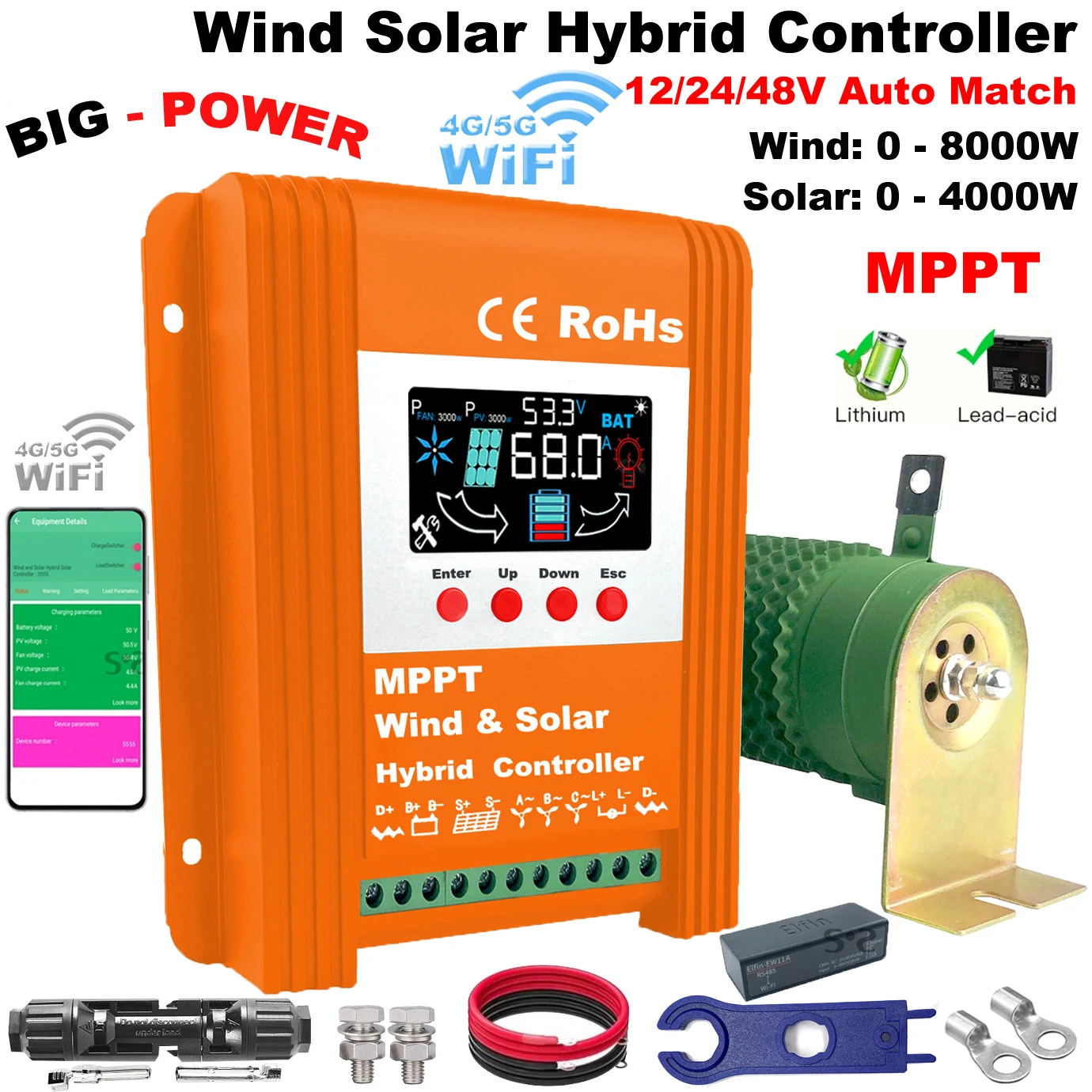 

NEW 4000W-8000W Hybrid Solar Wind Charge Controller Power System MPPT Solar Regulator For 12V 24V 48V Lithium Lead-acid Battery