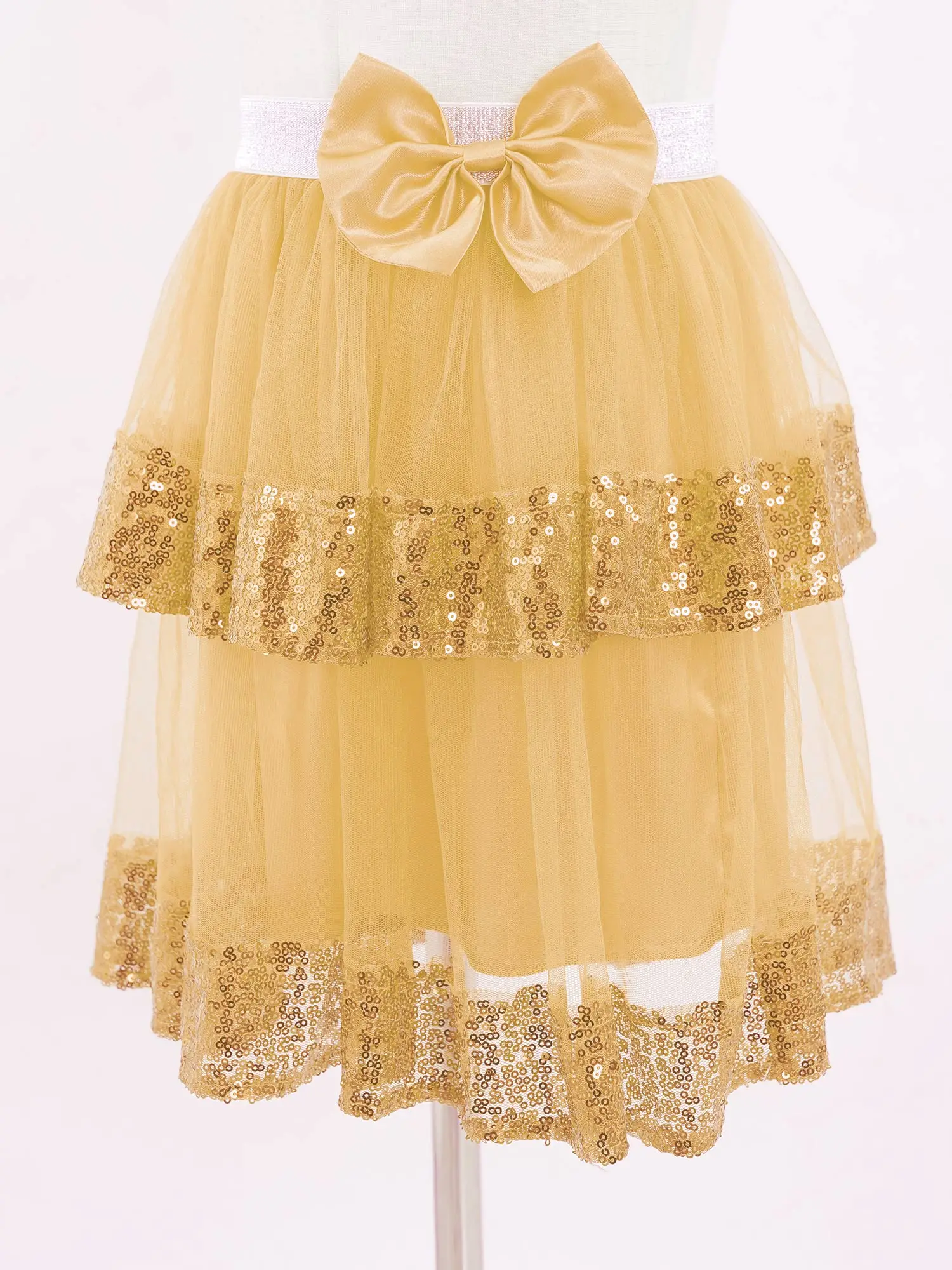 

6-14Y Kids Girls Skirt Elastic Waistband Sequined Tutu Mesh Dance Skirt Children Princess Bownot Costumes For Girls Performance