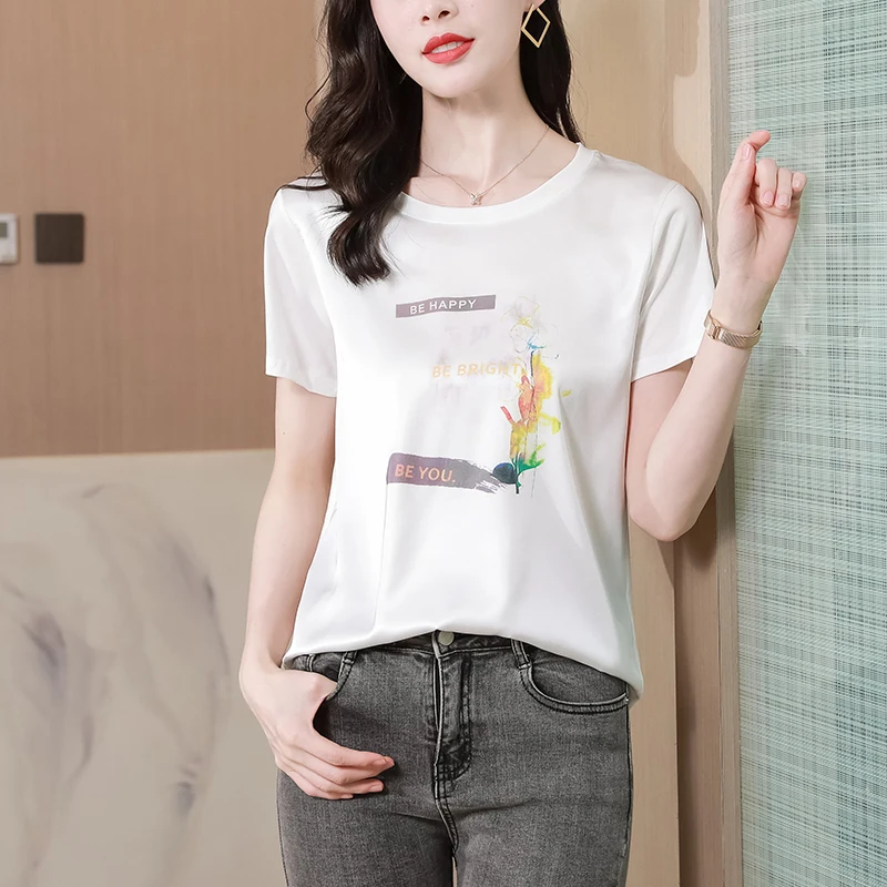 

Silk Cotton Women's T-shirts Summer 2023 New Printed Loose Tees Short Sleeves Top Patchwork O-neck Ladies Clothing YCMYUNYAN