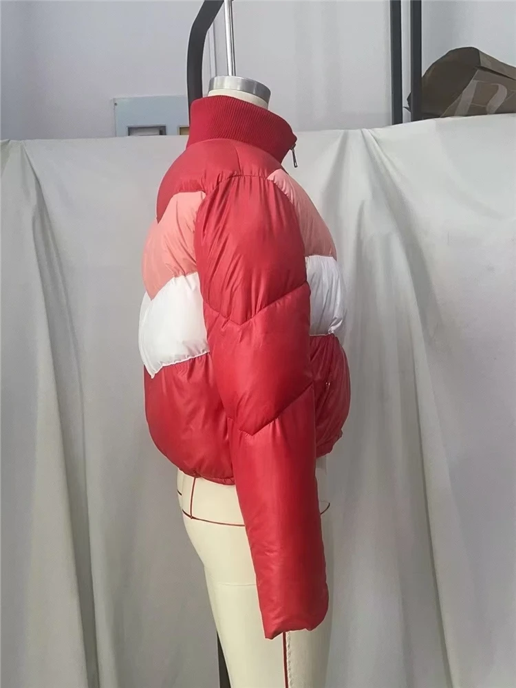 KEYANKETIAN women's striped patchwork PU leather cotton jacket autumn/winter stand-up collar zipper short cotton jacket