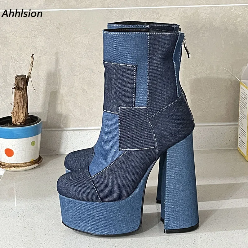 Женские джинсовые ботильоны Ahhlsion синие повседневные ботинки на расширяющемся