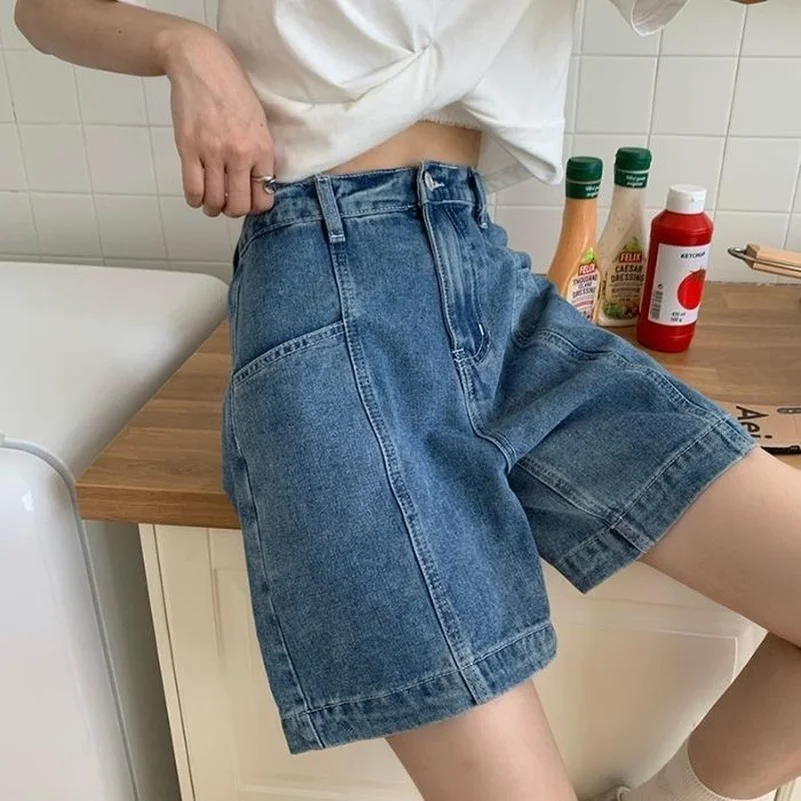 

Vintage Knee-length Spliced Design Fashion Loose Leisure Bf Style Streetwear High Street Cool Teens Ins Women Denim Shorts Solid