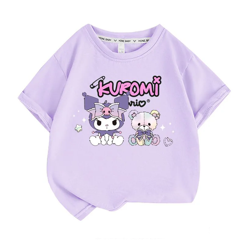

Kawaii Anime Bear Kuromi Summer Kids Short Sleeve Sanrios Cute Cartoon New Cotton T-Shirt Casual Thin Tops Birthday Gift