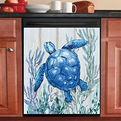 

Sea Turtle Dishwasher , Blue Turtles with Flower Magnetic Refrigerator Sticker, Beach Life Funny Animal Fridge Door