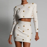 women two piece sets european and american pullover short top and bodycon leather skirt sexy fashion casual suit button decorate