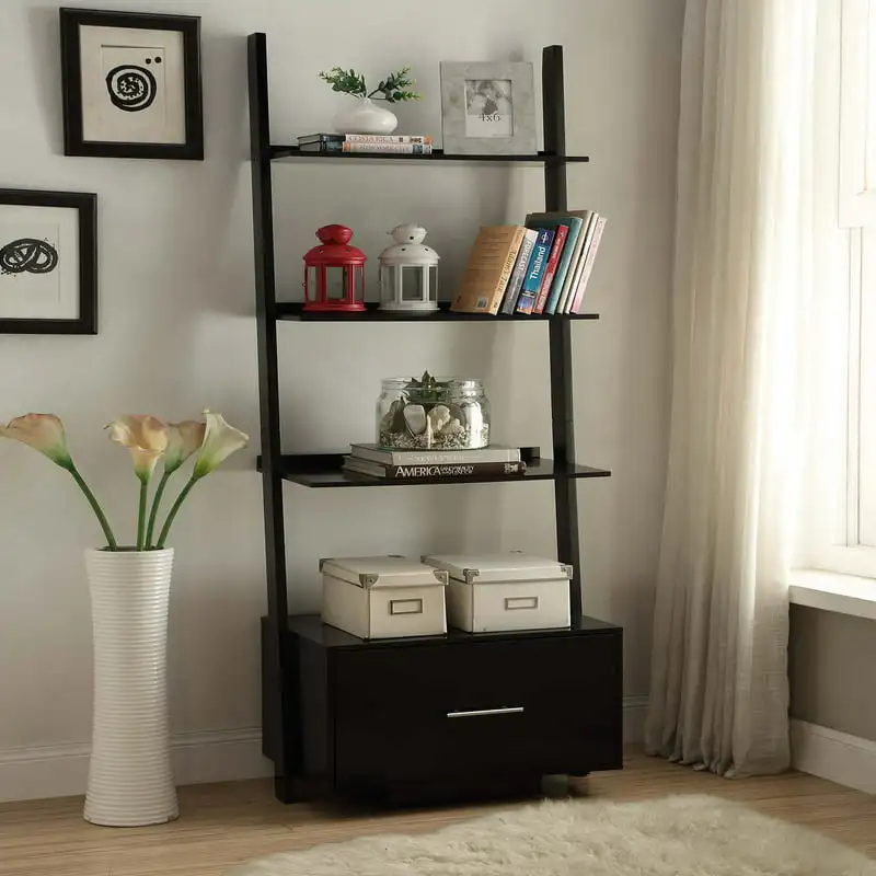 

American Heritage Ladder Bookcase with File Drawer, Black