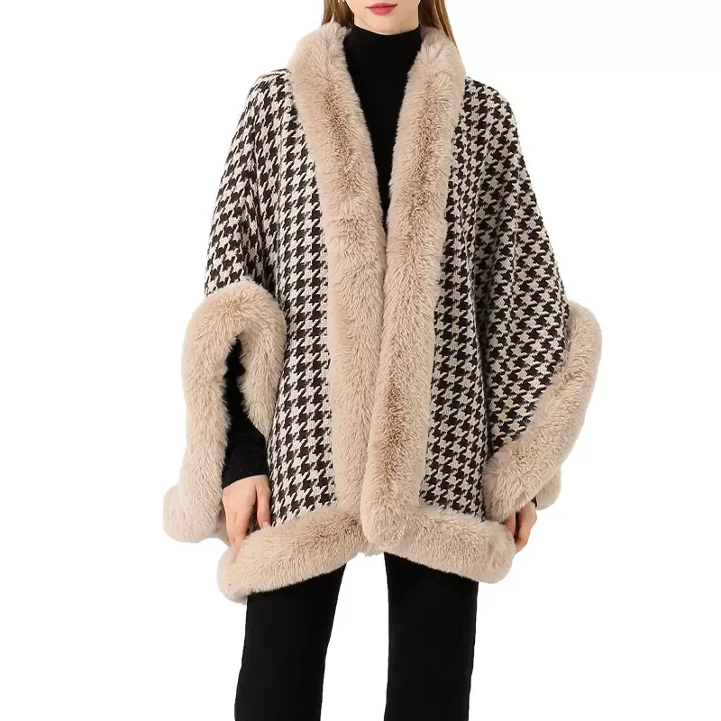 

2022NEW Houndstooth Fur Collar Capes Woman Autumn Imitation Rex Rabbit Hair Ponchos Women Winter Warm Loose Ladies Coat Clothes